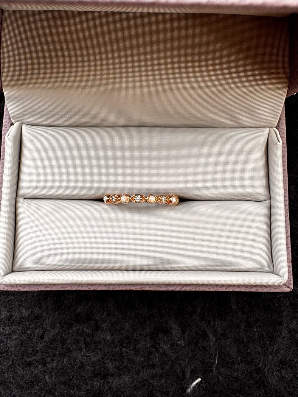 Delicate 14K Rose Gold opal and Diamond Accent Band
